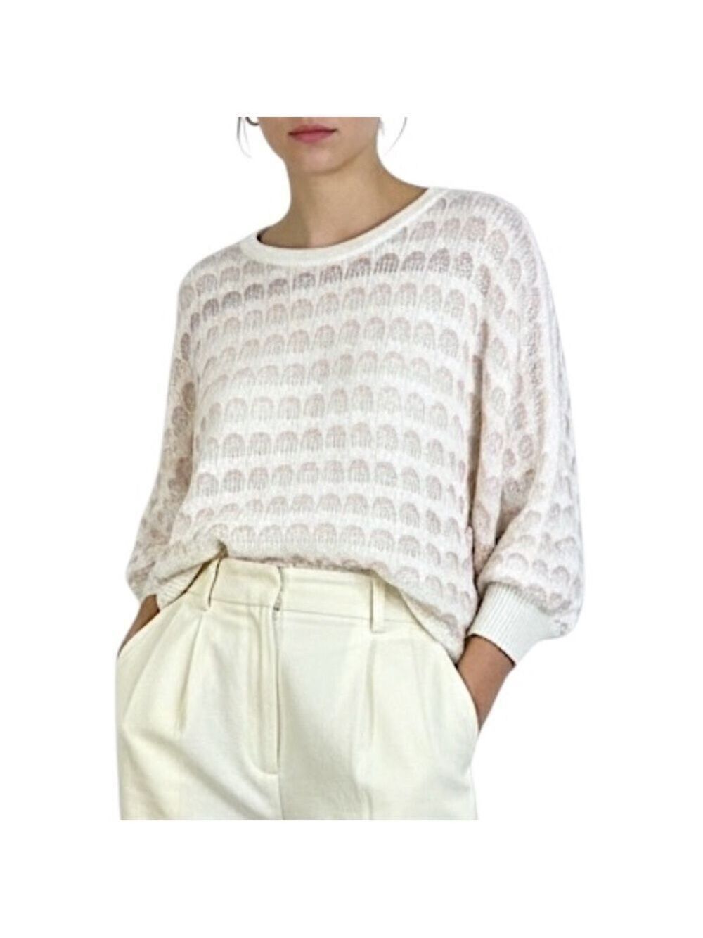 Vintage 70s 80s ivory pink open knit oversized batwing lightweight sweater